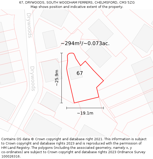 67, DRYWOODS, SOUTH WOODHAM FERRERS, CHELMSFORD, CM3 5ZG: Plot and title map