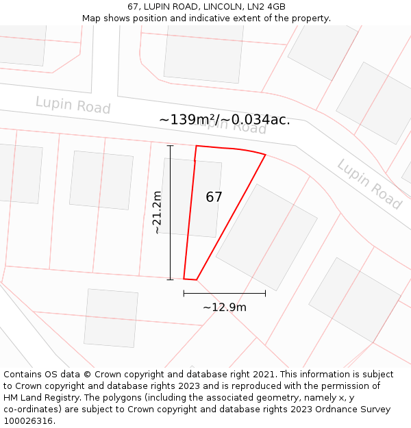 67, LUPIN ROAD, LINCOLN, LN2 4GB: Plot and title map