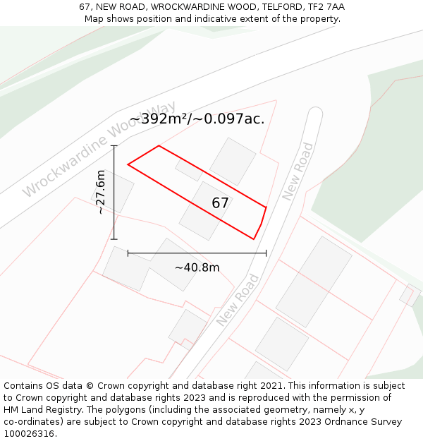 67, NEW ROAD, WROCKWARDINE WOOD, TELFORD, TF2 7AA: Plot and title map