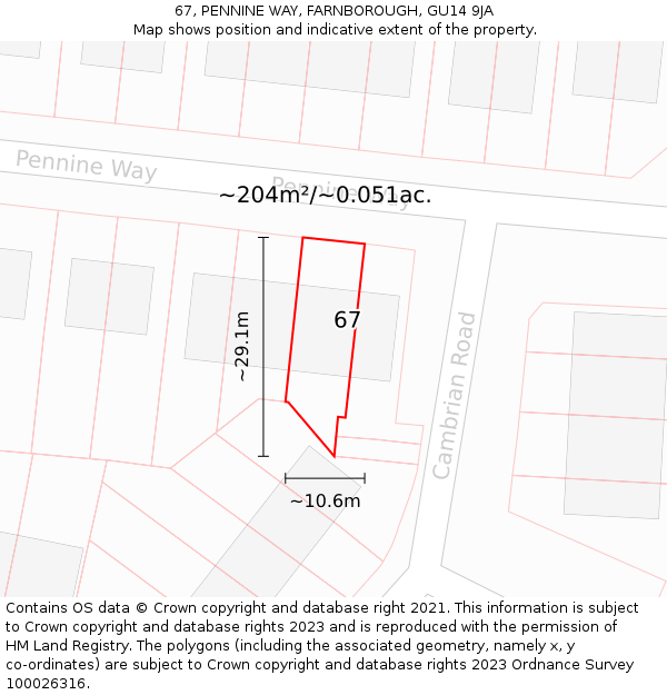 67, PENNINE WAY, FARNBOROUGH, GU14 9JA: Plot and title map