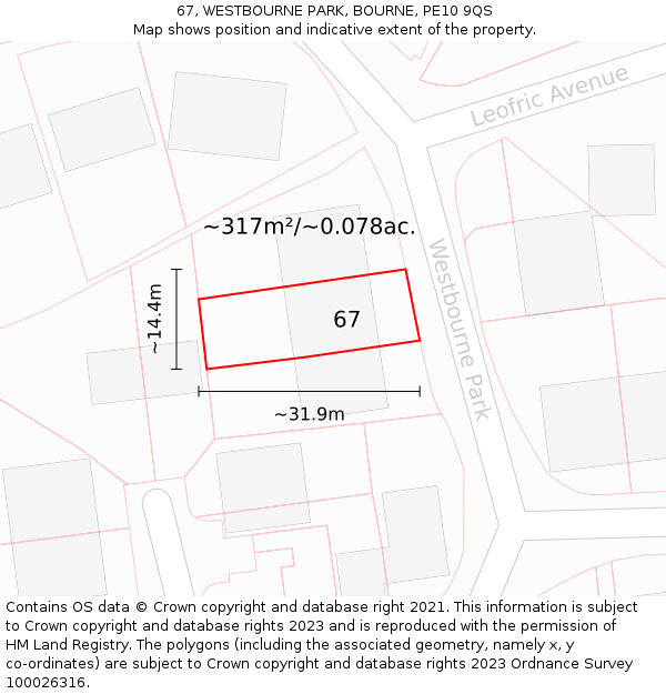 67, WESTBOURNE PARK, BOURNE, PE10 9QS: Plot and title map