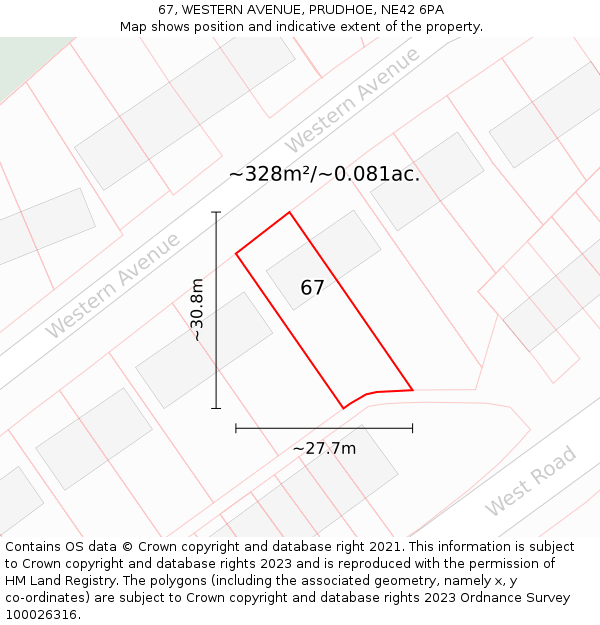 67, WESTERN AVENUE, PRUDHOE, NE42 6PA: Plot and title map