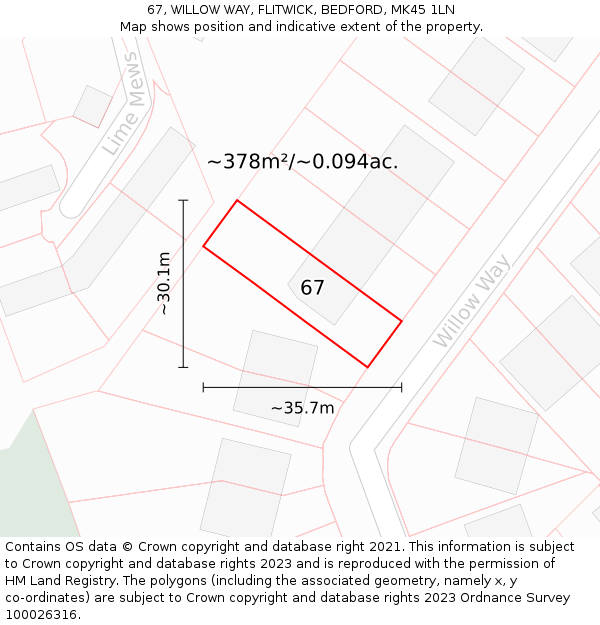 67, WILLOW WAY, FLITWICK, BEDFORD, MK45 1LN: Plot and title map