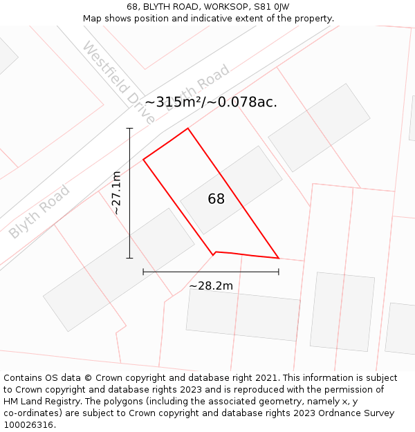 68, BLYTH ROAD, WORKSOP, S81 0JW: Plot and title map