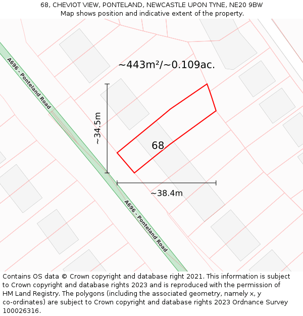 68, CHEVIOT VIEW, PONTELAND, NEWCASTLE UPON TYNE, NE20 9BW: Plot and title map