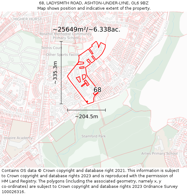 68, LADYSMITH ROAD, ASHTON-UNDER-LYNE, OL6 9BZ: Plot and title map