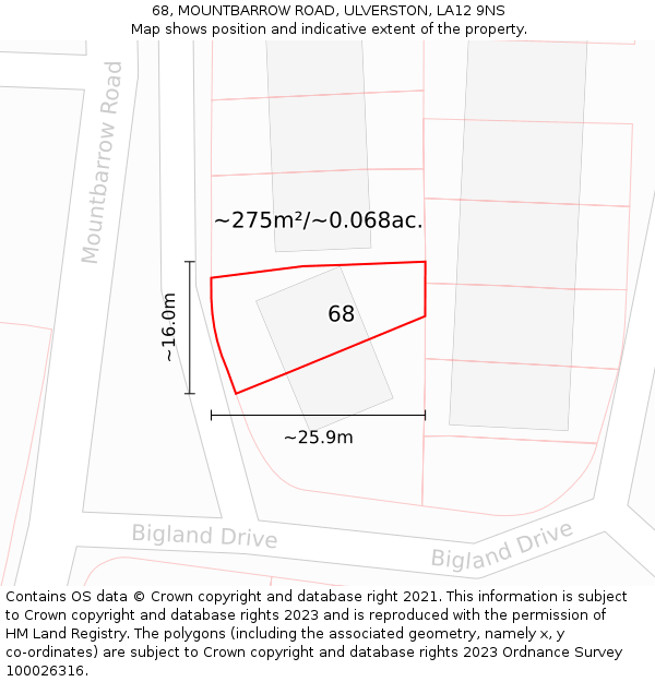 68, MOUNTBARROW ROAD, ULVERSTON, LA12 9NS: Plot and title map