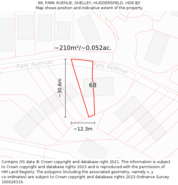 68, PARK AVENUE, SHELLEY, HUDDERSFIELD, HD8 8JY: Plot and title map