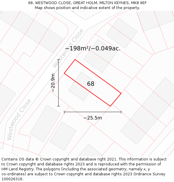 68, WESTWOOD CLOSE, GREAT HOLM, MILTON KEYNES, MK8 9EF: Plot and title map