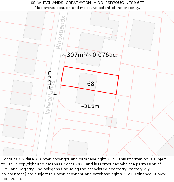 68, WHEATLANDS, GREAT AYTON, MIDDLESBROUGH, TS9 6EF: Plot and title map