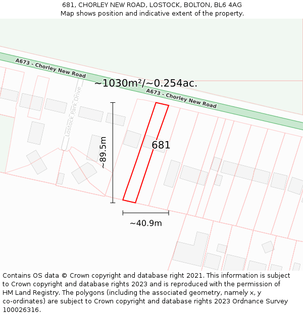 681, CHORLEY NEW ROAD, LOSTOCK, BOLTON, BL6 4AG: Plot and title map