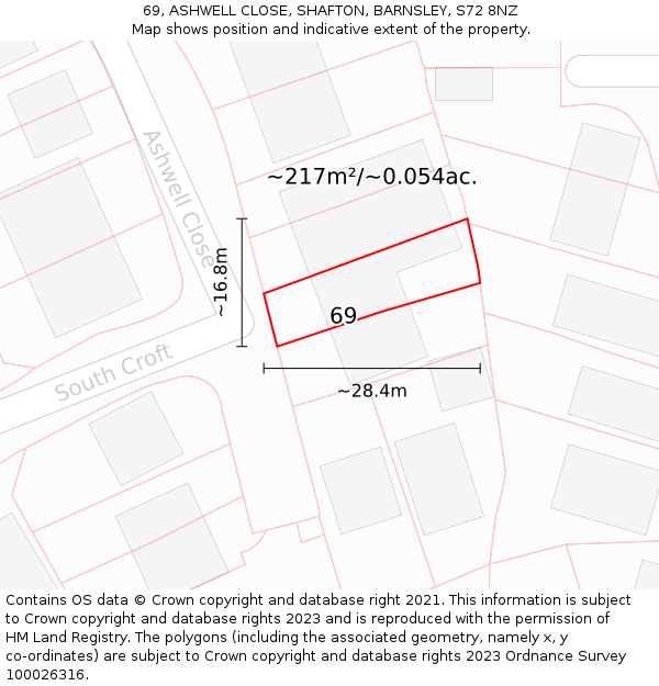 69, ASHWELL CLOSE, SHAFTON, BARNSLEY, S72 8NZ: Plot and title map