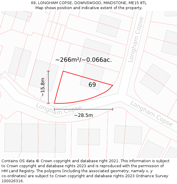 69, LONGHAM COPSE, DOWNSWOOD, MAIDSTONE, ME15 8TL: Plot and title map