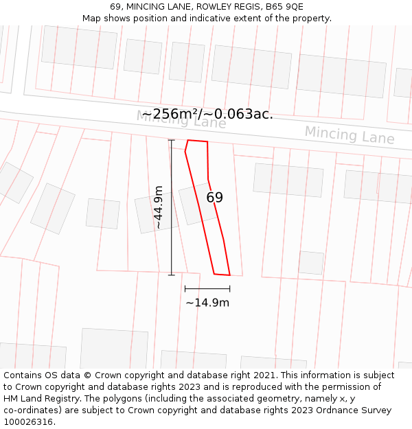 69, MINCING LANE, ROWLEY REGIS, B65 9QE: Plot and title map