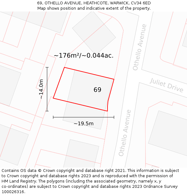 69, OTHELLO AVENUE, HEATHCOTE, WARWICK, CV34 6ED: Plot and title map