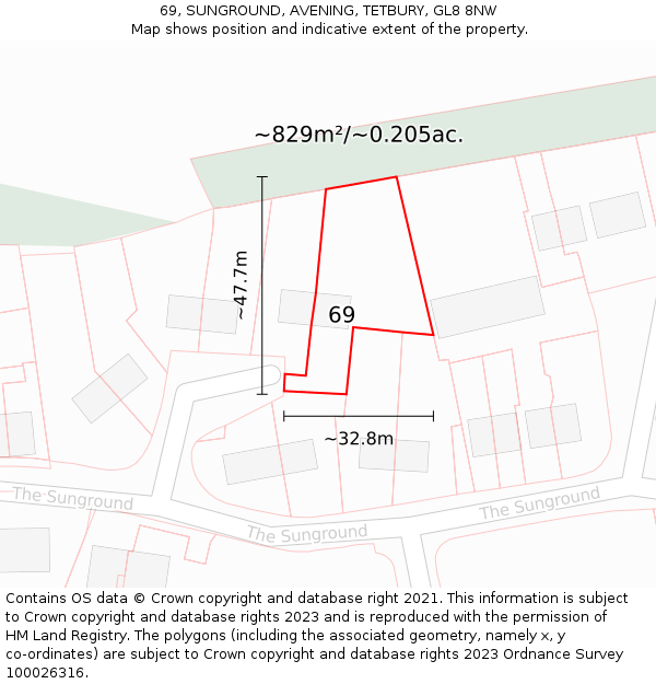 69, SUNGROUND, AVENING, TETBURY, GL8 8NW: Plot and title map