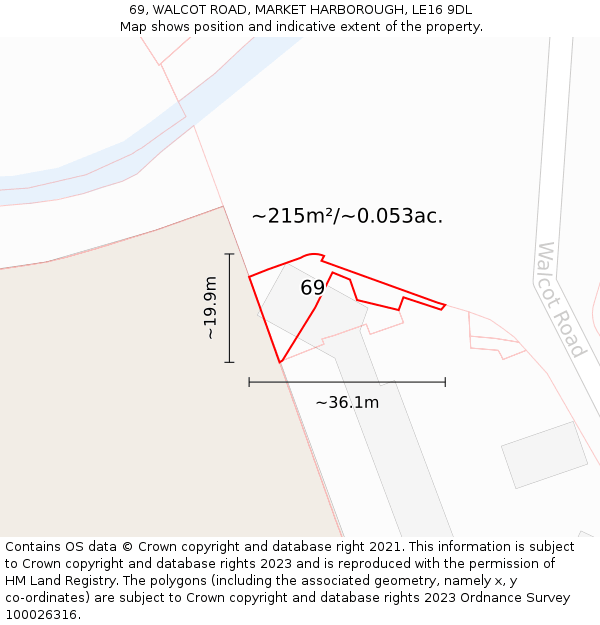 69, WALCOT ROAD, MARKET HARBOROUGH, LE16 9DL: Plot and title map