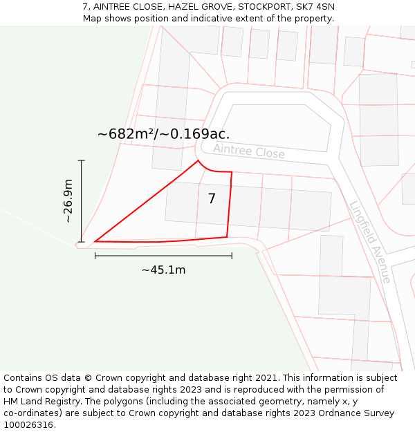 7, AINTREE CLOSE, HAZEL GROVE, STOCKPORT, SK7 4SN: Plot and title map