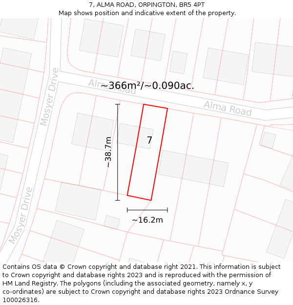 7, ALMA ROAD, ORPINGTON, BR5 4PT: Plot and title map