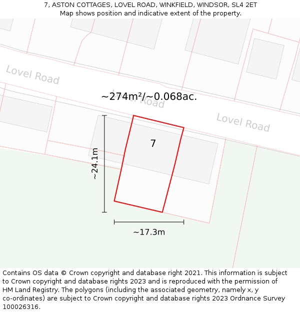 7, ASTON COTTAGES, LOVEL ROAD, WINKFIELD, WINDSOR, SL4 2ET: Plot and title map