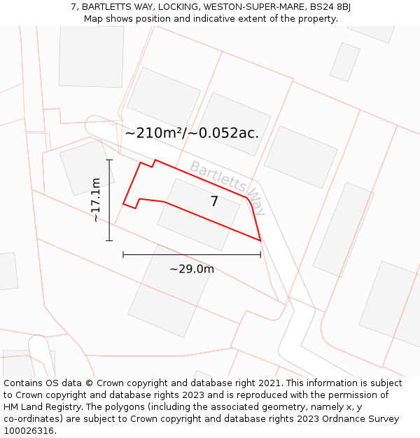 7, BARTLETTS WAY, LOCKING, WESTON-SUPER-MARE, BS24 8BJ: Plot and title map