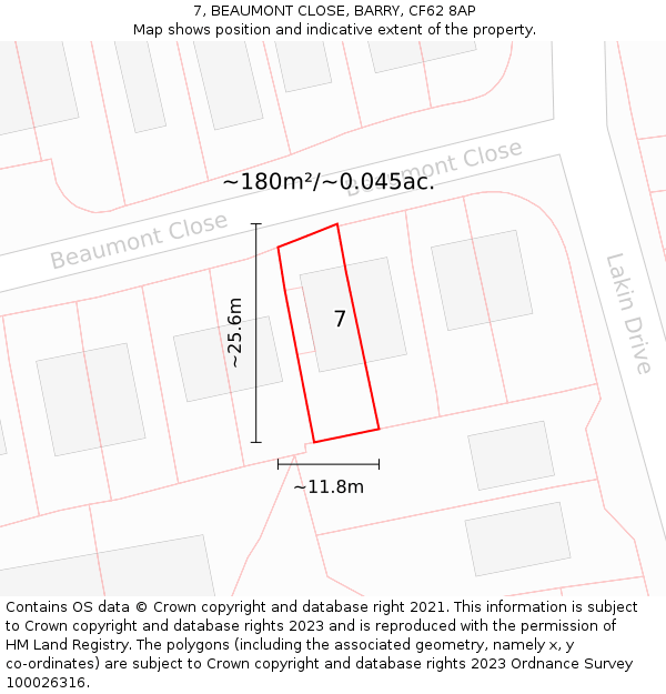 7, BEAUMONT CLOSE, BARRY, CF62 8AP: Plot and title map