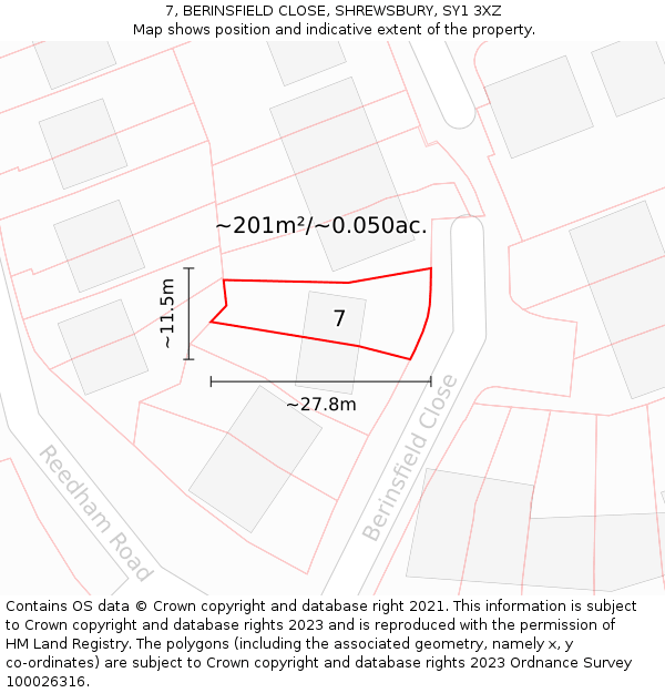 7, BERINSFIELD CLOSE, SHREWSBURY, SY1 3XZ: Plot and title map