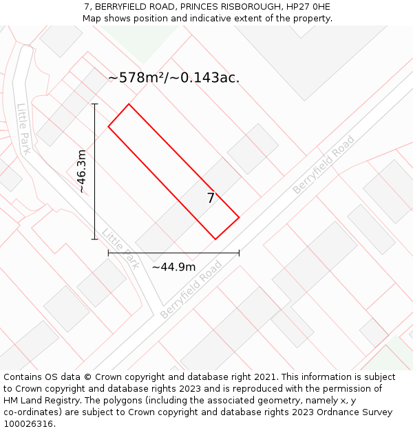 7, BERRYFIELD ROAD, PRINCES RISBOROUGH, HP27 0HE: Plot and title map