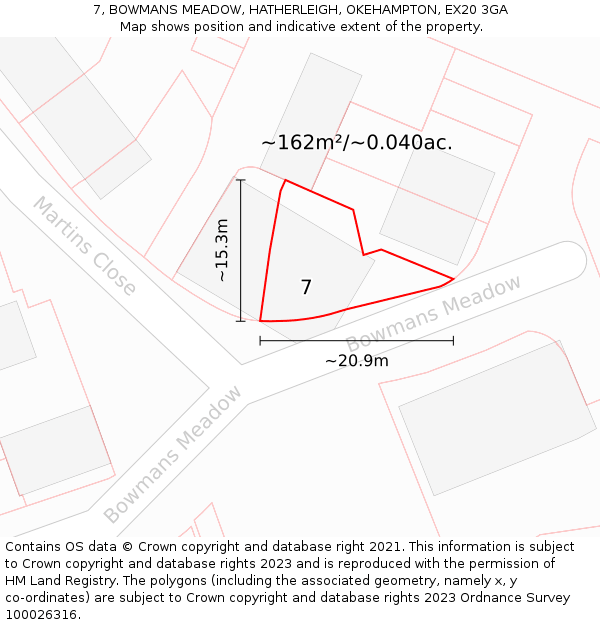 7, BOWMANS MEADOW, HATHERLEIGH, OKEHAMPTON, EX20 3GA: Plot and title map