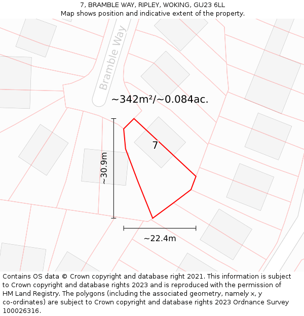 7, BRAMBLE WAY, RIPLEY, WOKING, GU23 6LL: Plot and title map