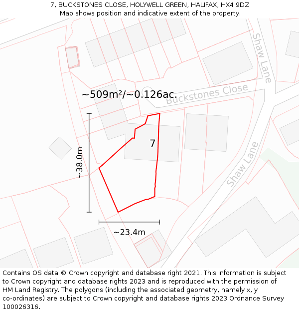 7, BUCKSTONES CLOSE, HOLYWELL GREEN, HALIFAX, HX4 9DZ: Plot and title map