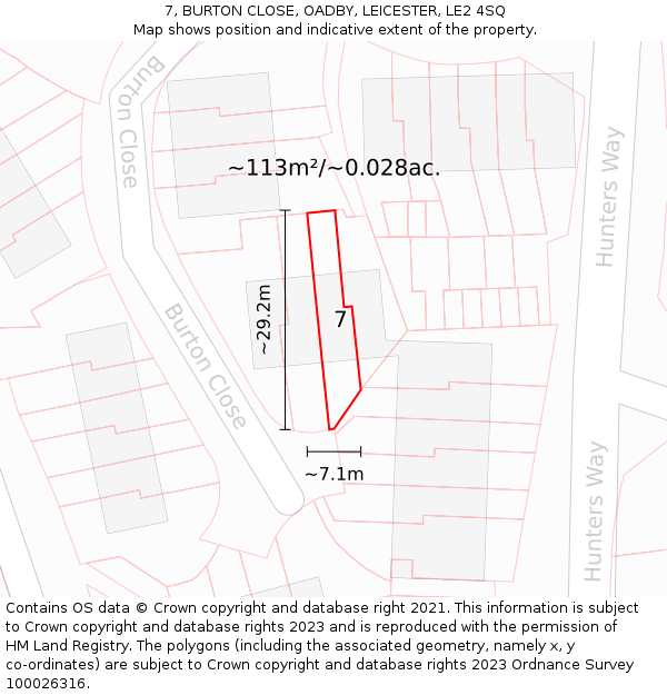 7, BURTON CLOSE, OADBY, LEICESTER, LE2 4SQ: Plot and title map