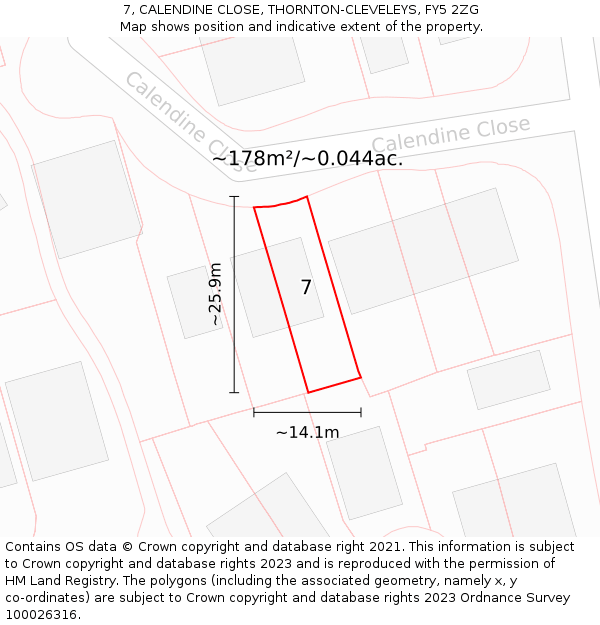 7, CALENDINE CLOSE, THORNTON-CLEVELEYS, FY5 2ZG: Plot and title map