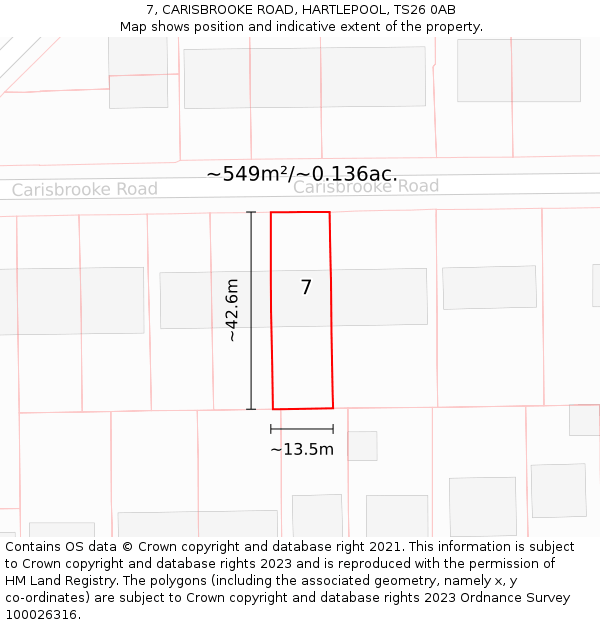 7, CARISBROOKE ROAD, HARTLEPOOL, TS26 0AB: Plot and title map