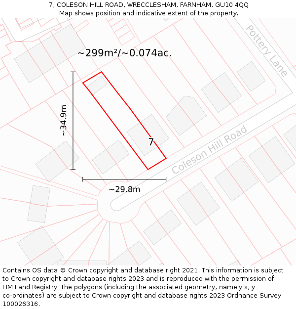 7, COLESON HILL ROAD, WRECCLESHAM, FARNHAM, GU10 4QQ: Plot and title map