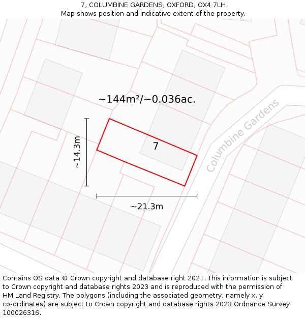 7, COLUMBINE GARDENS, OXFORD, OX4 7LH: Plot and title map