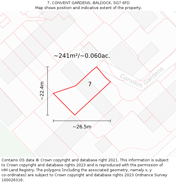 7, CONVENT GARDENS, BALDOCK, SG7 6FD: Plot and title map