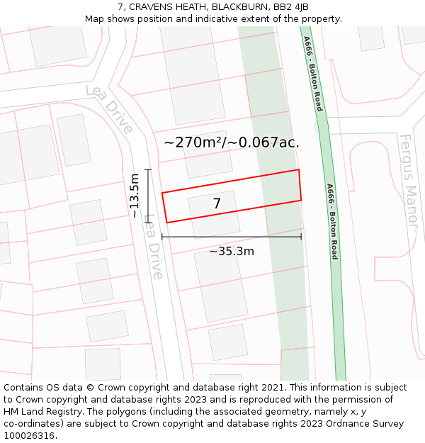 7, CRAVENS HEATH, BLACKBURN, BB2 4JB: Plot and title map