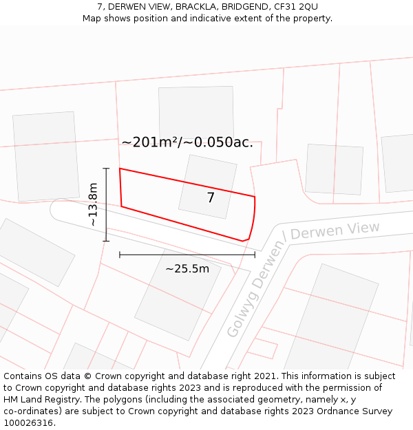 7, DERWEN VIEW, BRACKLA, BRIDGEND, CF31 2QU: Plot and title map