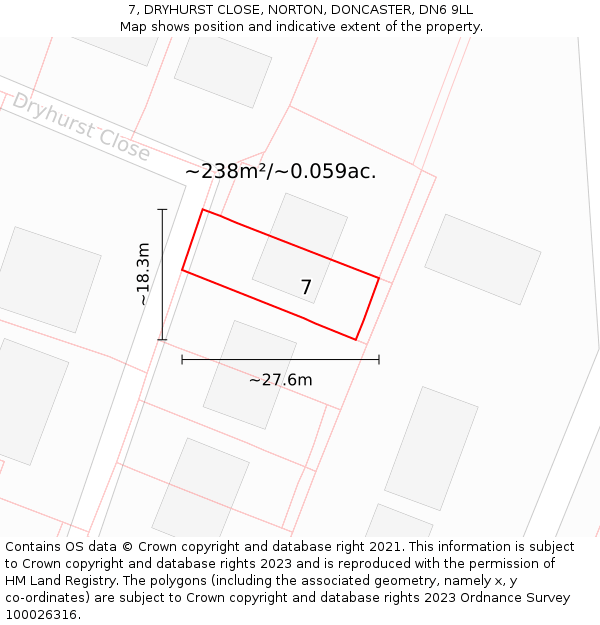 7, DRYHURST CLOSE, NORTON, DONCASTER, DN6 9LL: Plot and title map