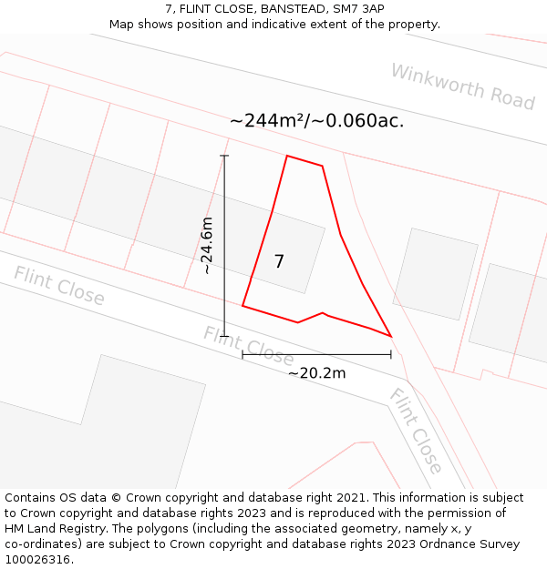 7, FLINT CLOSE, BANSTEAD, SM7 3AP: Plot and title map