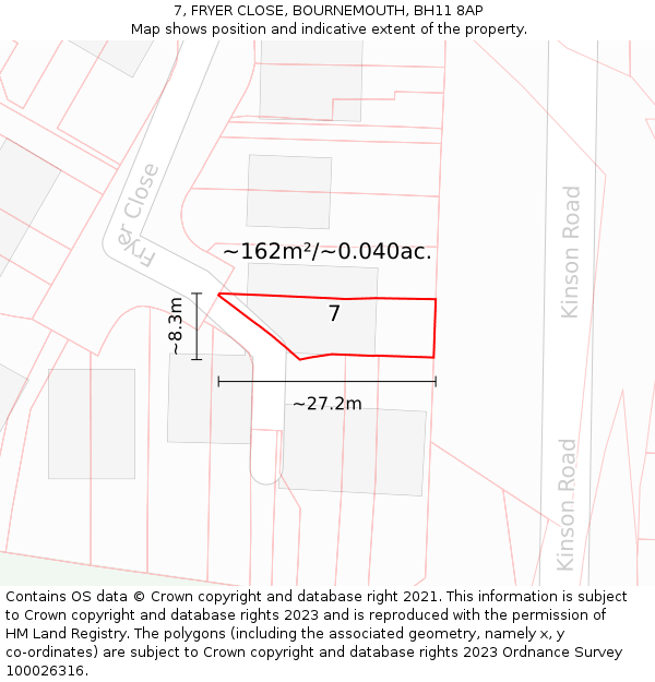 7, FRYER CLOSE, BOURNEMOUTH, BH11 8AP: Plot and title map