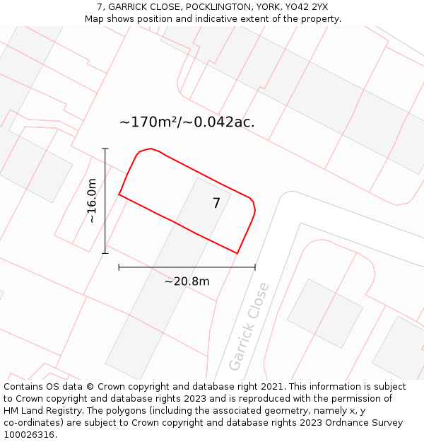 7, GARRICK CLOSE, POCKLINGTON, YORK, YO42 2YX: Plot and title map