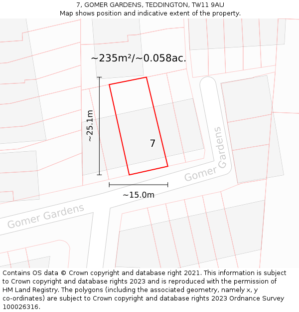 7, GOMER GARDENS, TEDDINGTON, TW11 9AU: Plot and title map