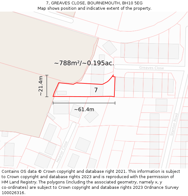 7, GREAVES CLOSE, BOURNEMOUTH, BH10 5EG: Plot and title map