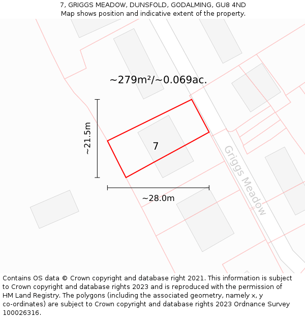 7, GRIGGS MEADOW, DUNSFOLD, GODALMING, GU8 4ND: Plot and title map