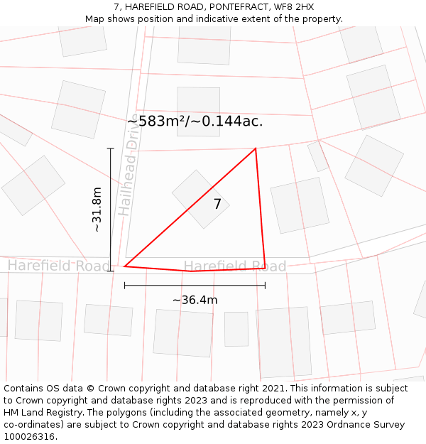 7, HAREFIELD ROAD, PONTEFRACT, WF8 2HX: Plot and title map