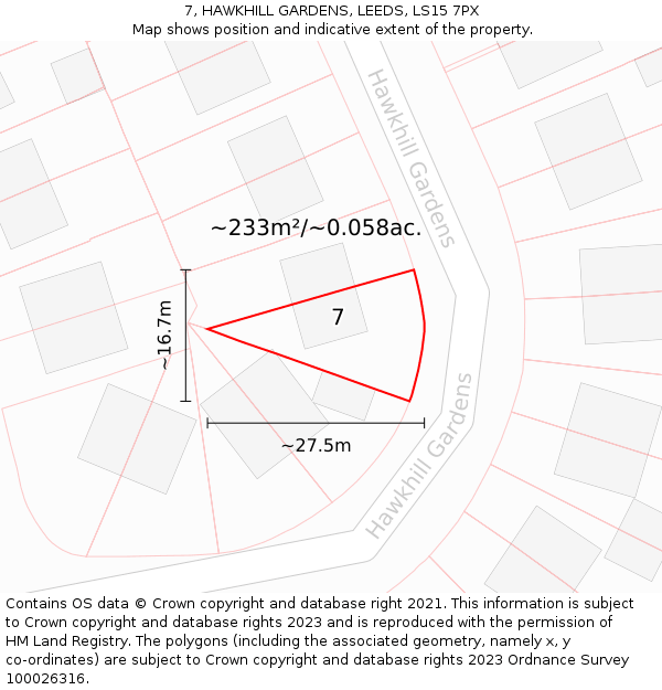 7, HAWKHILL GARDENS, LEEDS, LS15 7PX: Plot and title map