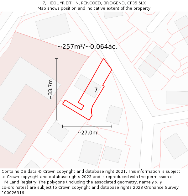 7, HEOL YR EITHIN, PENCOED, BRIDGEND, CF35 5LX: Plot and title map