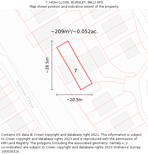 7, HIGH CLOSE, BURNLEY, BB12 6PS: Plot and title map